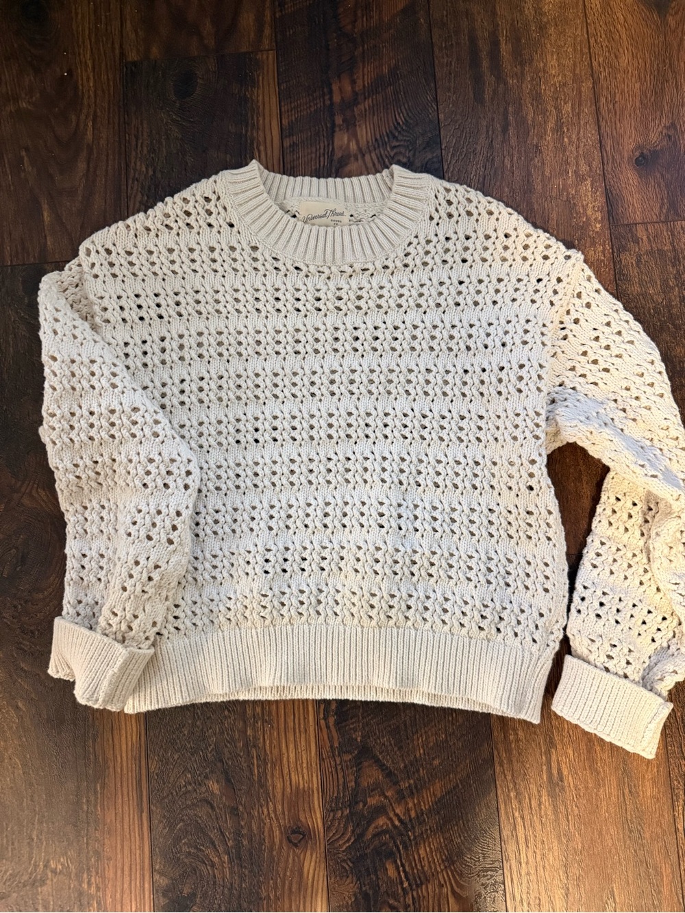 Universal Thread Cream Crochet Openwork Crewneck Sweater